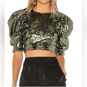 Camila Coelho Olive sequin cropped top. Puffy short sleeves, cut out back. XXS.